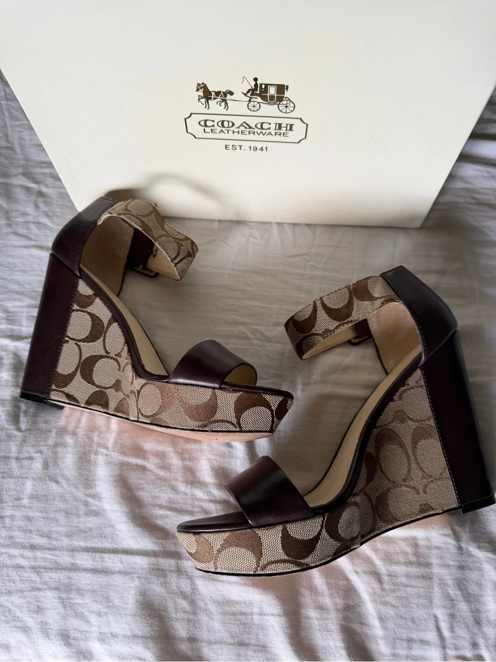 Coach Brown and Tan Signature Canvas Wedge Sandals